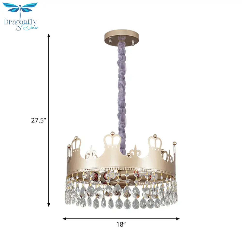 Traditional Crown Chandelier Lamp 6 Heads Clear Crystal Accents Suspension Light In Gold