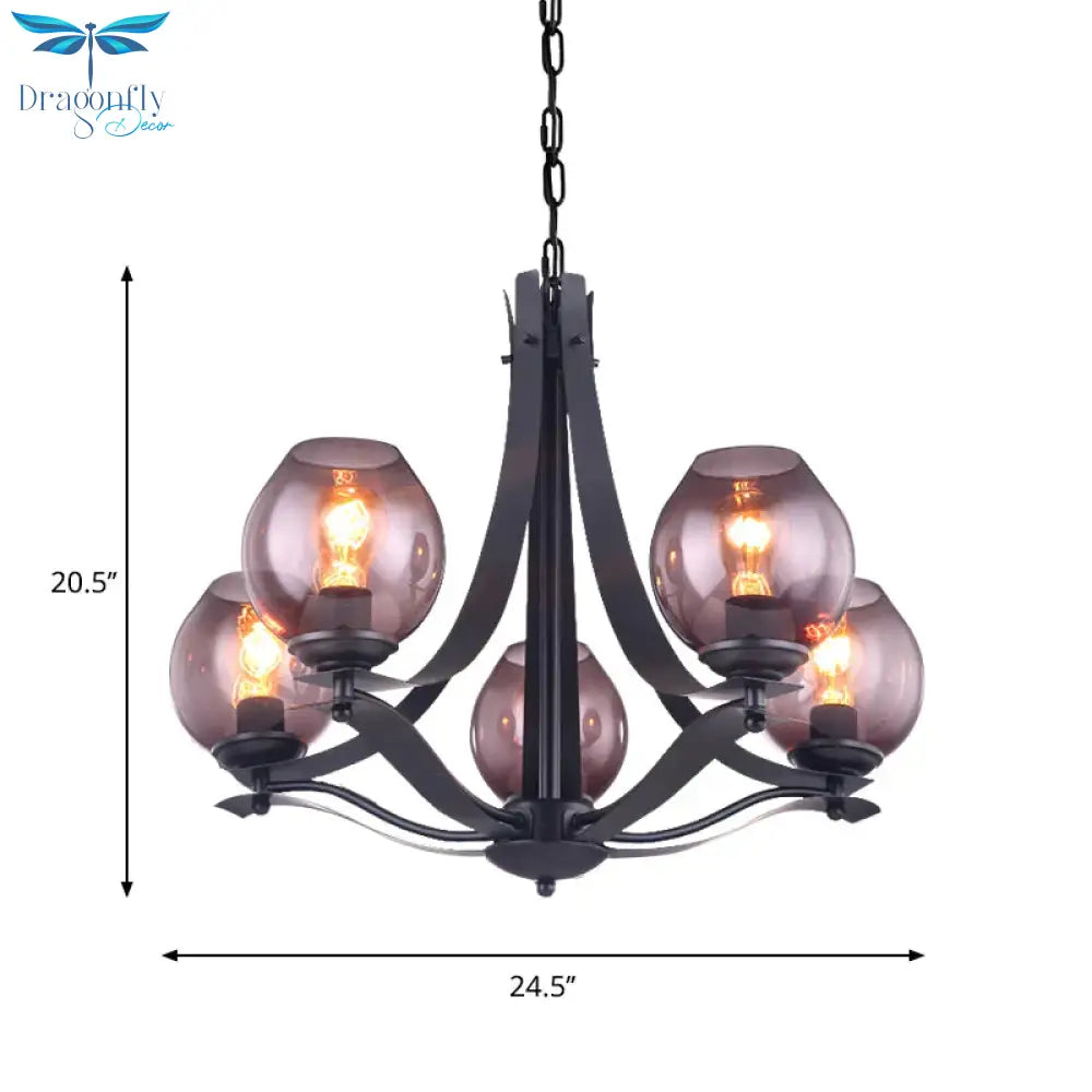 Traditional Cup Shaped Hanging Lighting 5 Heads Grey Glass Chandelier Pendant Lamp In Black
