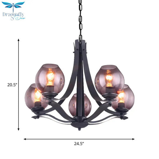 Traditional Cup Shaped Hanging Lighting 5 Heads Grey Glass Chandelier Pendant Lamp In Black