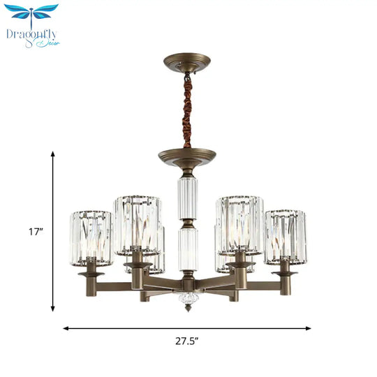 Traditional Cylindrical Pendant Light Fixture 6 Heads Crystal Hanging Chandelier In Brass