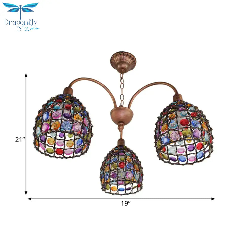 Traditional Dome Chandelier Lighting Fixture 3 Heads Metal Drop Pendant In Bronze For Bedroom