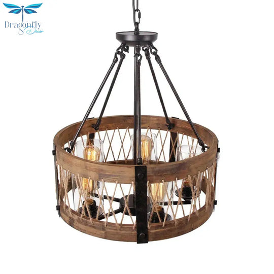 Traditional Drum Shaped Hanging Lamp 5 Bulbs Wooden Chandelier Light Fixture In Brown
