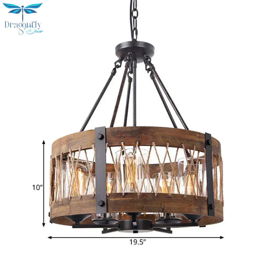 Traditional Drum Shaped Hanging Lamp 5 Bulbs Wooden Chandelier Light Fixture In Brown