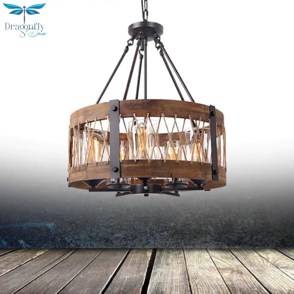 Traditional Drum Shaped Hanging Lamp 5 Bulbs Wooden Chandelier Light Fixture In Brown