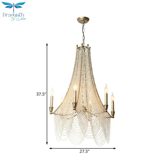Traditional Flared Chandelier Light 6 Lights Crystal Strand Suspension Lighting In Gold