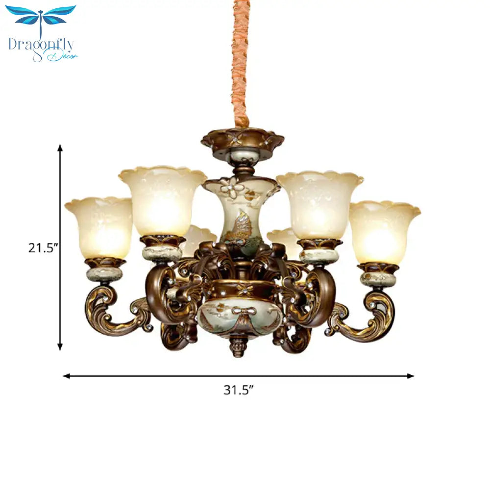 Traditional Floral Shade Chandelier Light 6/8 Lights Cream Glass Suspended Lighting Fixture In Brown
