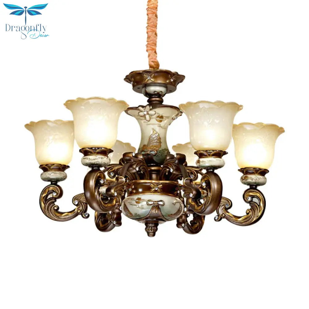 Traditional Floral Shade Chandelier Light 6/8 Lights Cream Glass Suspended Lighting Fixture In Brown