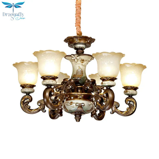 Traditional Floral Shade Chandelier Light 6/8 Lights Cream Glass Suspended Lighting Fixture In Brown