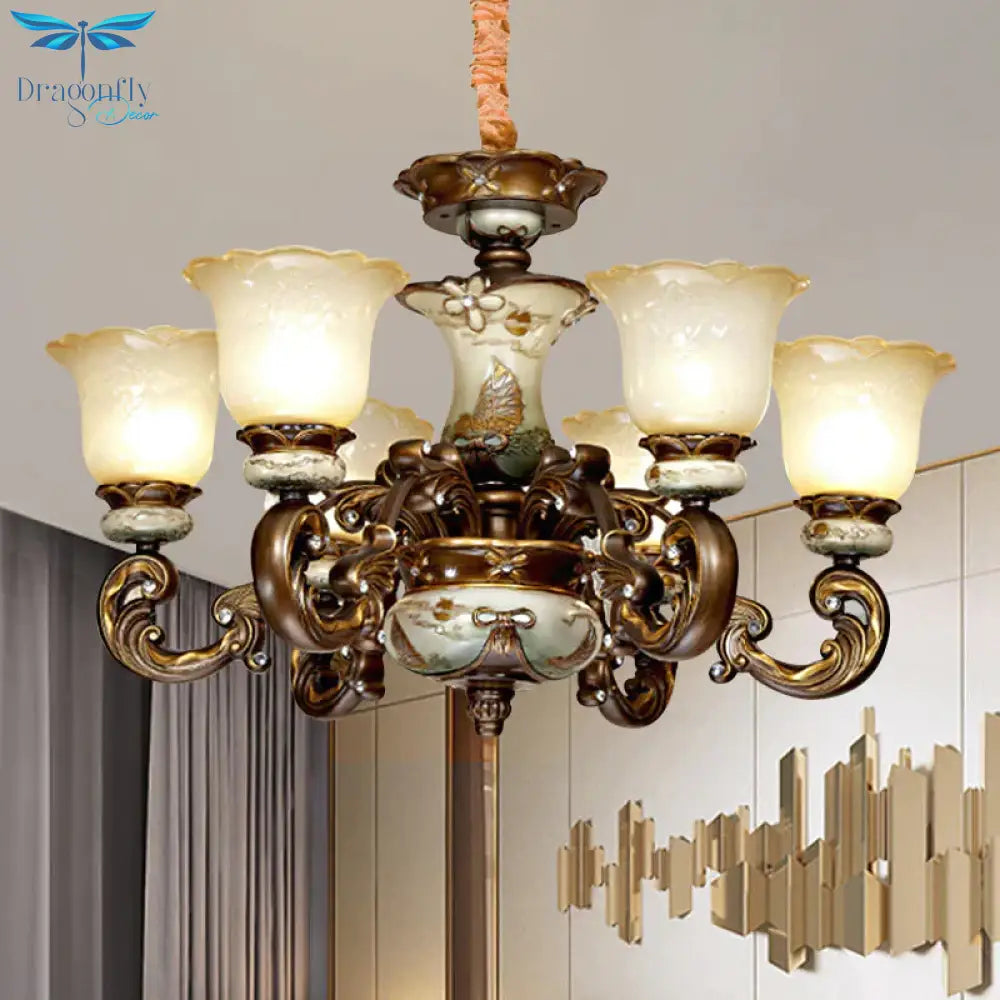 Traditional Floral Shade Chandelier Light 6/8 Lights Cream Glass Suspended Lighting Fixture In Brown