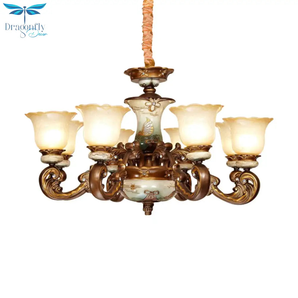 Traditional Floral Shade Chandelier Light 6/8 Lights Cream Glass Suspended Lighting Fixture In Brown