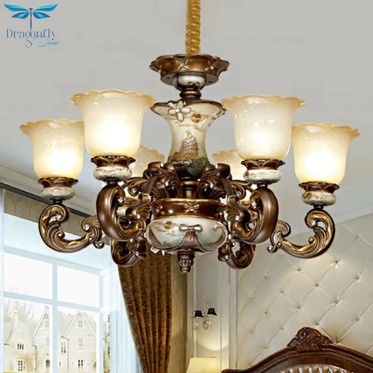 Traditional Floral Shade Chandelier Light 6/8 Lights Cream Glass Suspended Lighting Fixture In Brown