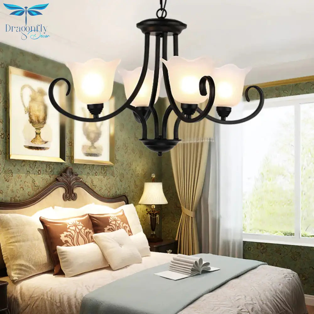 Traditional Frosted Glass Bedroom Chandelier Pendant 4/6/8 Light In Black