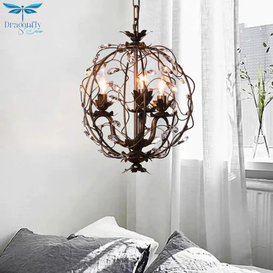 Traditional Globe Hanging Chandelier Metal 3/5 Bulbs Suspension Light In Antique Brass With Crystal