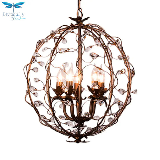 Traditional Globe Hanging Chandelier Metal 3/5 Bulbs Suspension Light In Antique Brass With Crystal