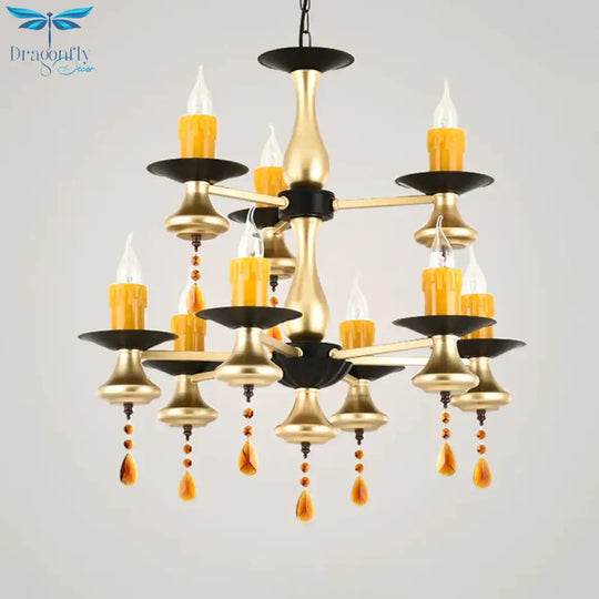 Traditional Iron Bellied Oval Vase Hanging Lamp With Resin Candle 3/5/6 Lights Golden Chandelier