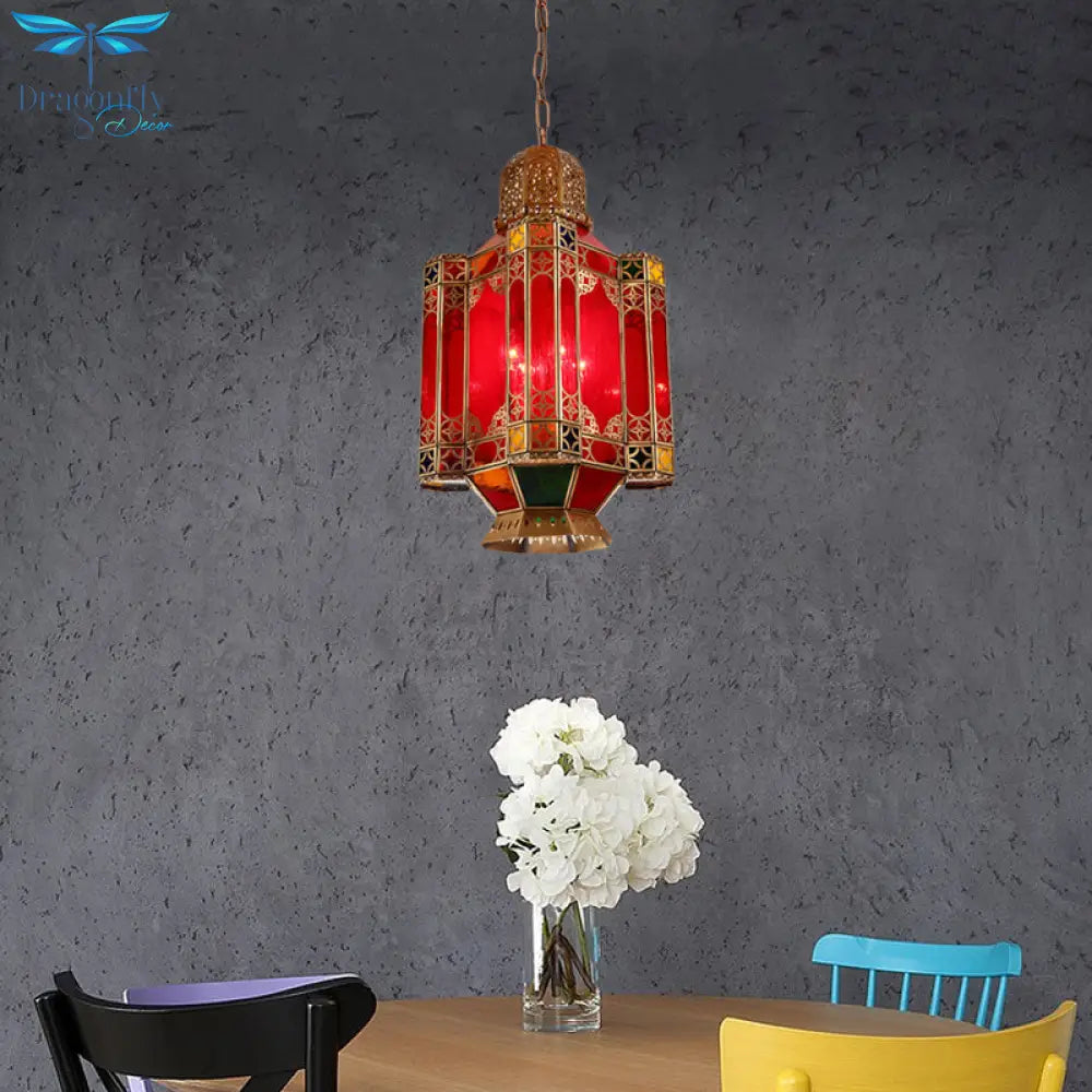 Traditional Lantern Hanging Lamp 4 Lights Red Glass Chandelier Lighting Fixture In Brass For