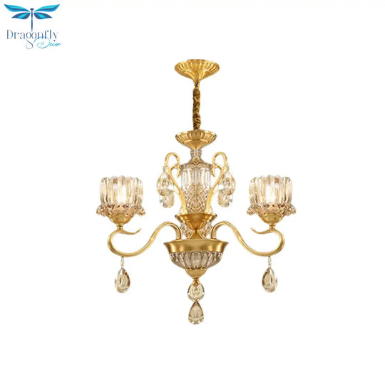 Traditional Lotus Hanging Chandelier 3/5 - Light Clear Crystal Glass Ceiling Pendant Lamp In Brass