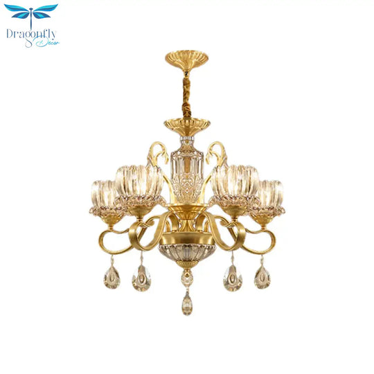 Traditional Lotus Hanging Chandelier 3/5 - Light Clear Crystal Glass Ceiling Pendant Lamp In Brass