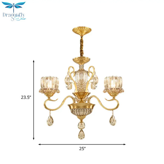 Traditional Lotus Hanging Chandelier 3/5 - Light Clear Crystal Glass Ceiling Pendant Lamp In Brass