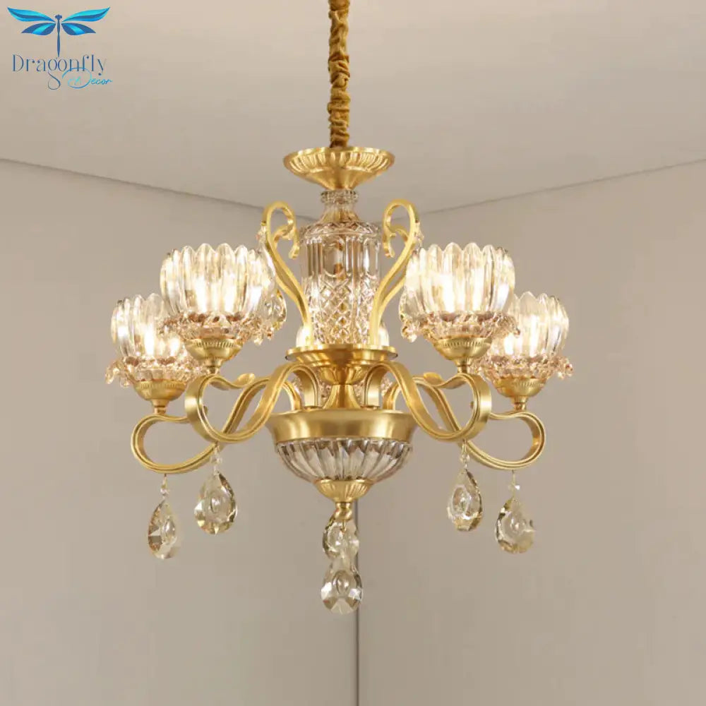 Traditional Lotus Hanging Chandelier 3/5 - Light Clear Crystal Glass Ceiling Pendant Lamp In Brass