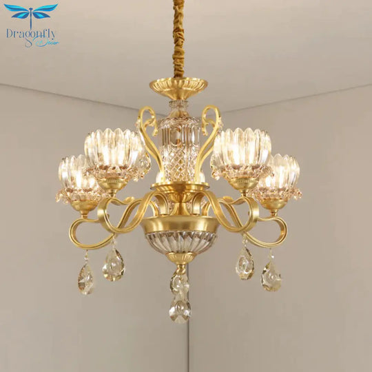 Traditional Lotus Hanging Chandelier 3/5 - Light Clear Crystal Glass Ceiling Pendant Lamp In Brass