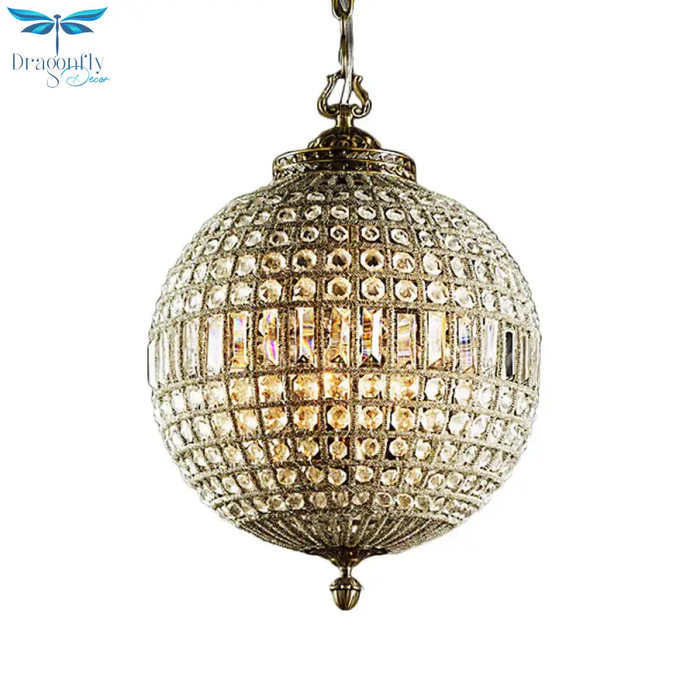Traditional Orb Hanging Lamp 3 Bulbs Crystal Chandelier Light Fixture In Brass For Living Room