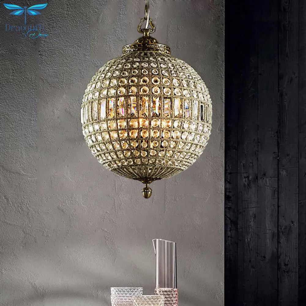 Traditional Orb Hanging Lamp 3 Bulbs Crystal Chandelier Light Fixture In Brass For Living Room
