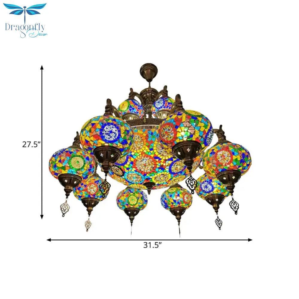 Traditional Oval Ceiling Pendant Light 16 Heads Stained Glass Chandelier Lighting In Bronze