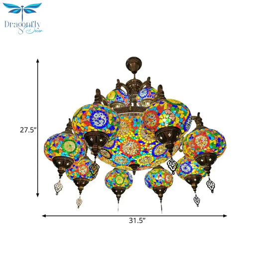 Traditional Oval Ceiling Pendant Light 16 Heads Stained Glass Chandelier Lighting In Bronze