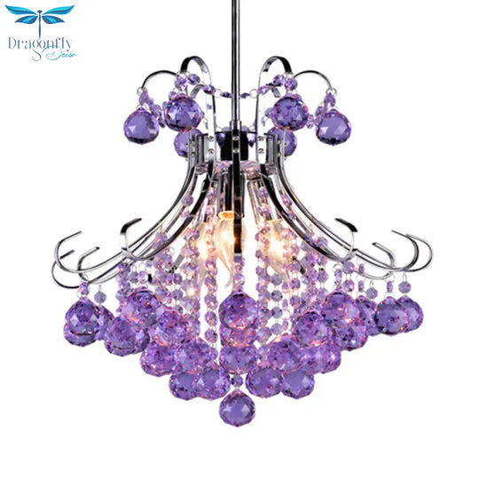 Traditional Raindrop 3 Bulb Purple/Red Faceted Crystal Ball Down Lighting In Chrome