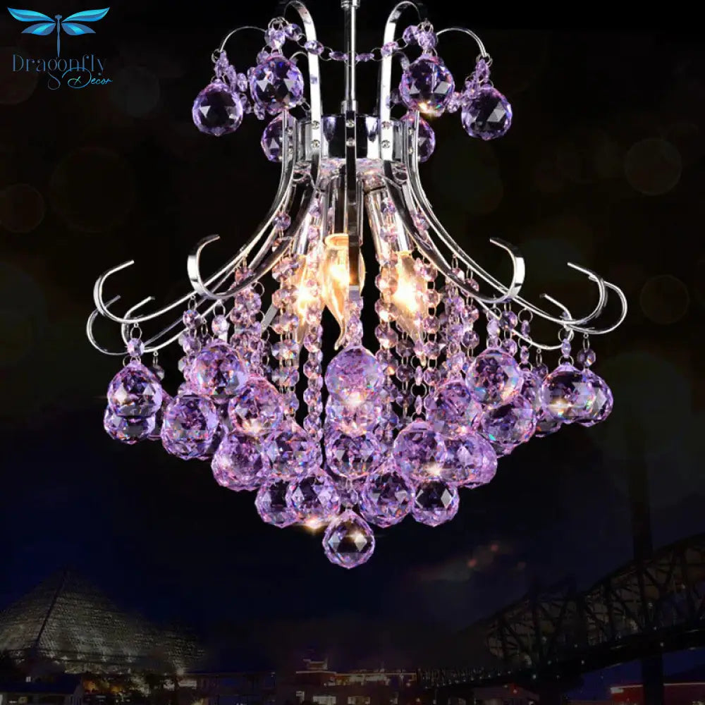 Traditional Raindrop 3 Bulb Purple/Red Faceted Crystal Ball Down Lighting In Chrome