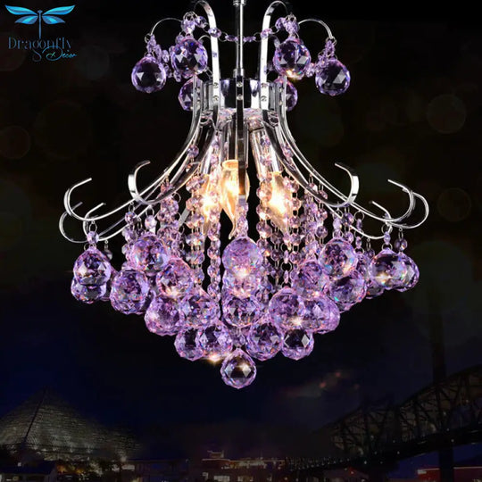 Traditional Raindrop 3 Bulb Purple/Red Faceted Crystal Ball Down Lighting In Chrome