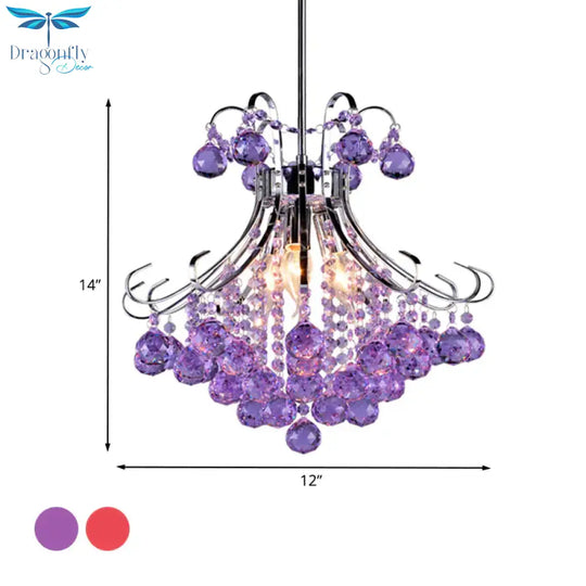 Traditional Raindrop 3 Bulb Purple/Red Faceted Crystal Ball Down Lighting In Chrome