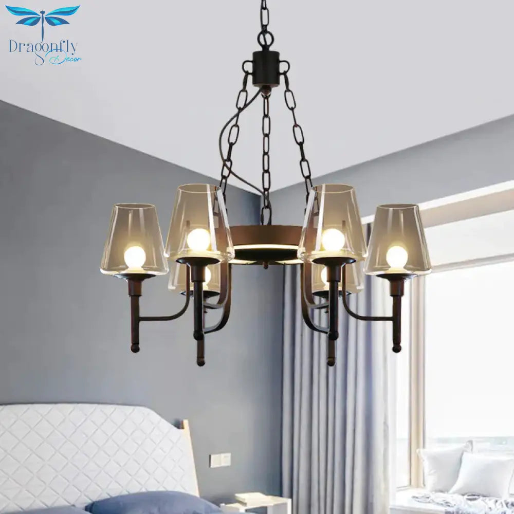 Traditional Tapered Chandelier Pendant Light 6 Heads Clear/Cream Glass Hanging Lamp In Rust For