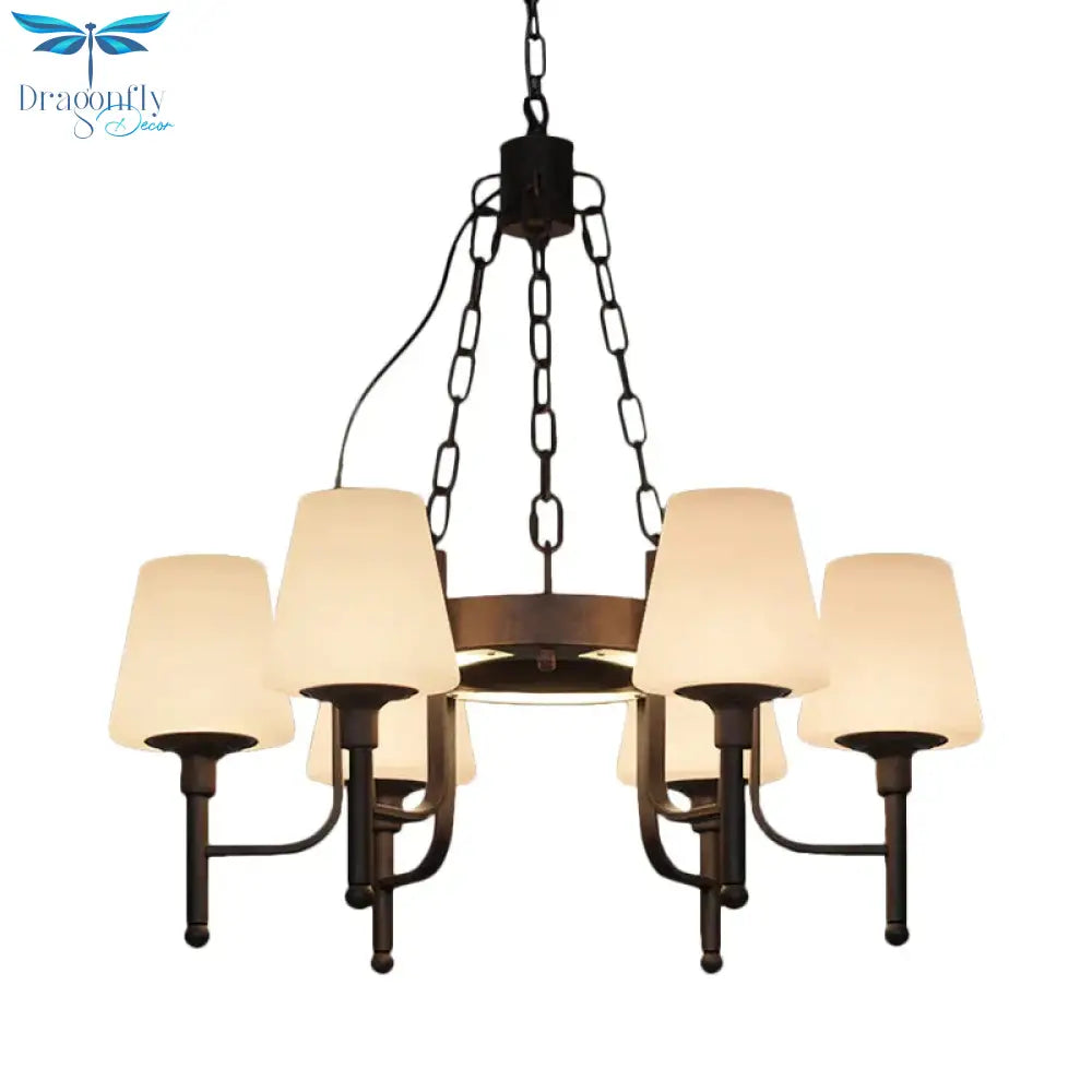 Traditional Tapered Chandelier Pendant Light 6 Heads Clear/Cream Glass Hanging Lamp In Rust For