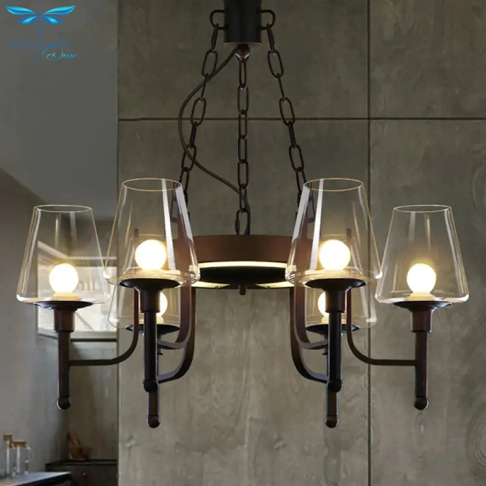 Traditional Tapered Chandelier Pendant Light 6 Heads Clear/Cream Glass Hanging Lamp In Rust For