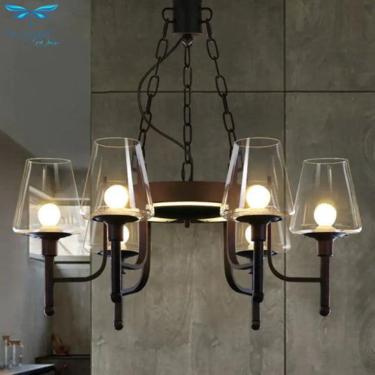 Traditional Tapered Chandelier Pendant Light 6 Heads Clear/Cream Glass Hanging Lamp In Rust For