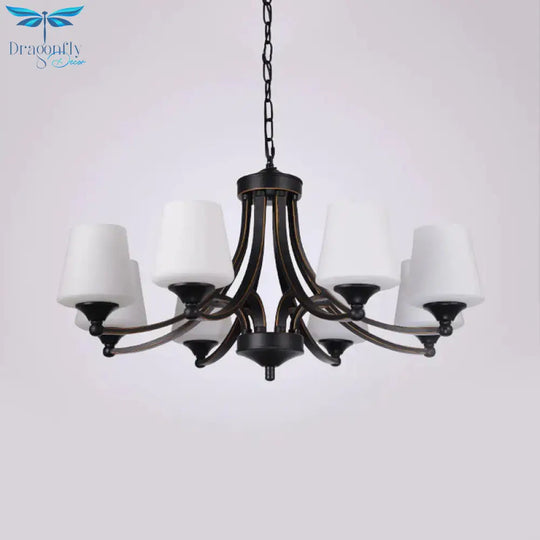 Traditional Tulip Chandelier Light Fixture 3/5/8 Bulbs Milky Glass Pendant Lighting In Black For