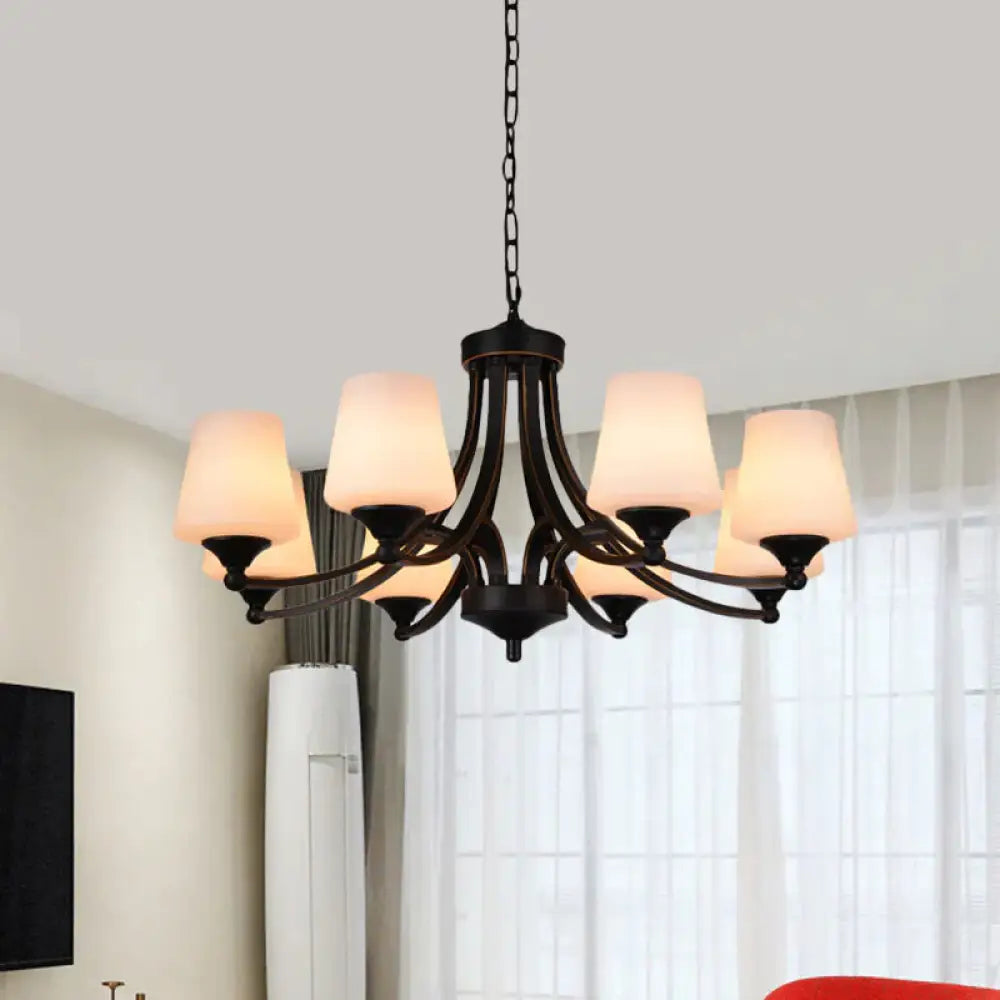 Traditional Tulip Chandelier Light Fixture 3/5/8 Bulbs Milky Glass Pendant Lighting In Black For