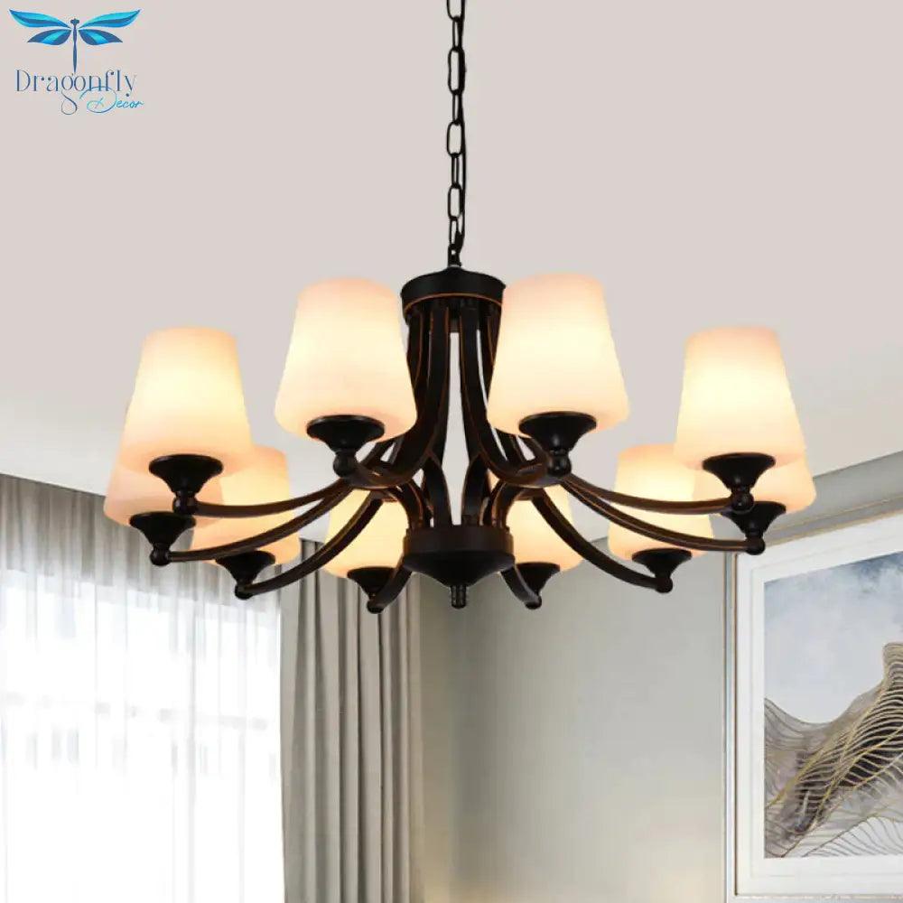Traditional Tulip Chandelier Light Fixture 3/5/8 Bulbs Milky Glass Pendant Lighting In Black For