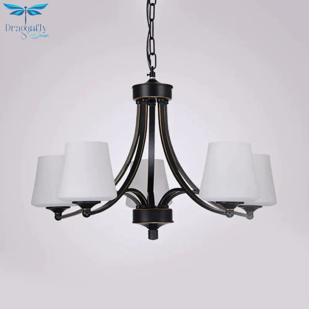 Traditional Tulip Chandelier Light Fixture 3/5/8 Bulbs Milky Glass Pendant Lighting In Black For
