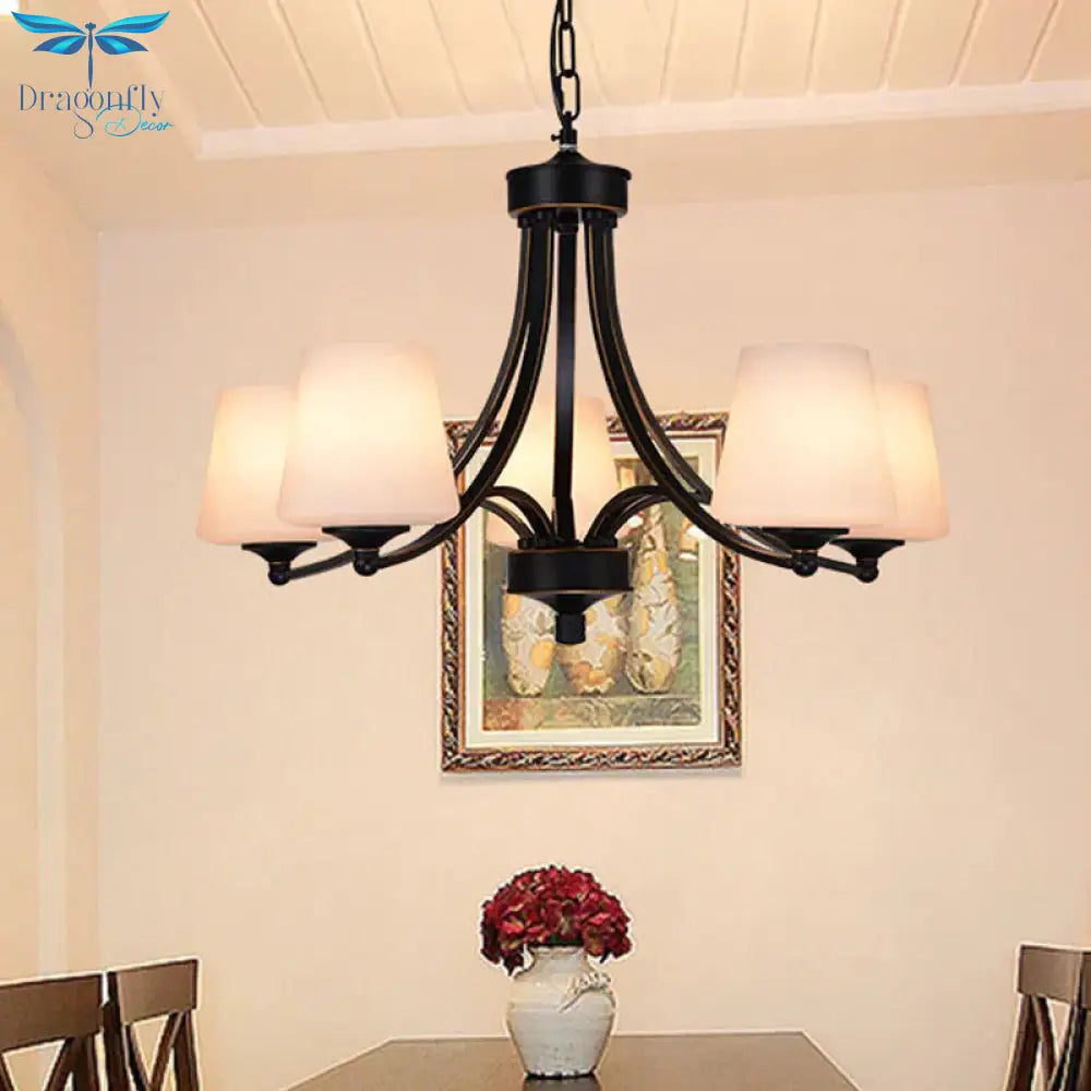 Traditional Tulip Chandelier Light Fixture 3/5/8 Bulbs Milky Glass Pendant Lighting In Black For