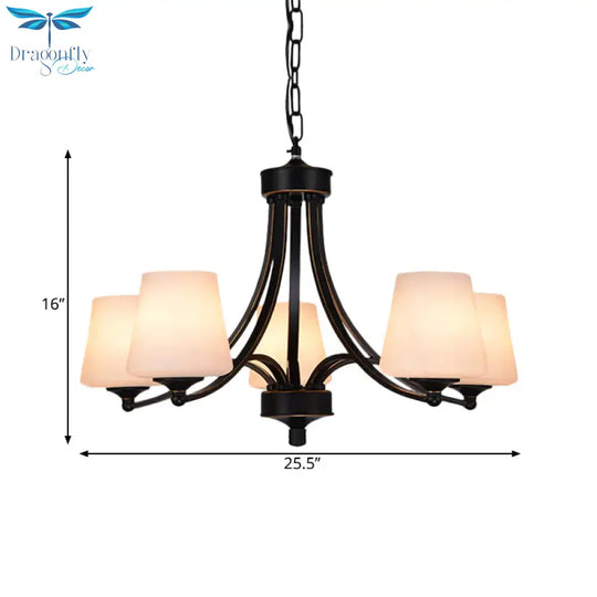 Traditional Tulip Chandelier Light Fixture 3/5/8 Bulbs Milky Glass Pendant Lighting In Black For
