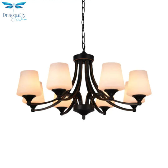 Traditional Tulip Chandelier Light Fixture 3/5/8 Bulbs Milky Glass Pendant Lighting In Black For
