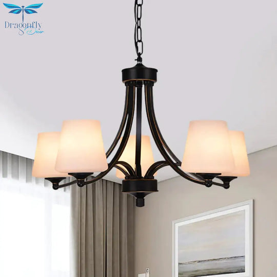 Traditional Tulip Chandelier Light Fixture 3/5/8 Bulbs Milky Glass Pendant Lighting In Black For