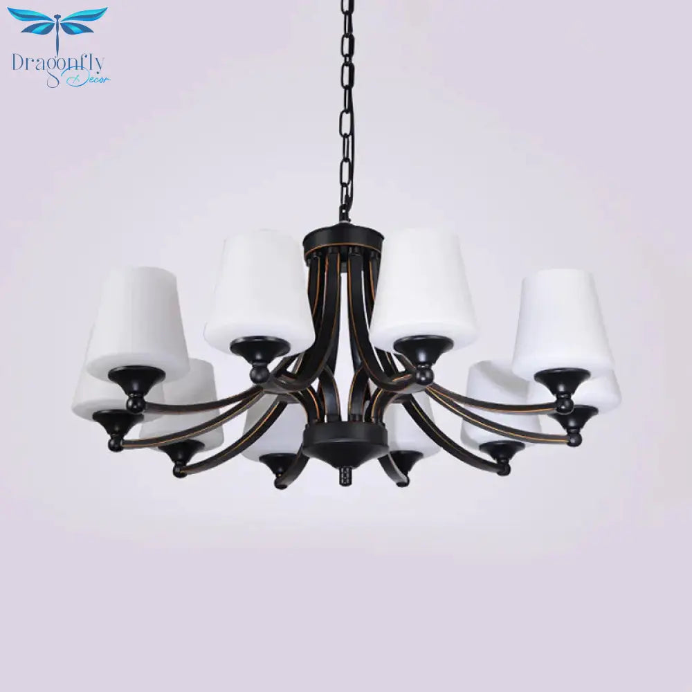 Traditional Tulip Chandelier Light Fixture 3/5/8 Bulbs Milky Glass Pendant Lighting In Black For