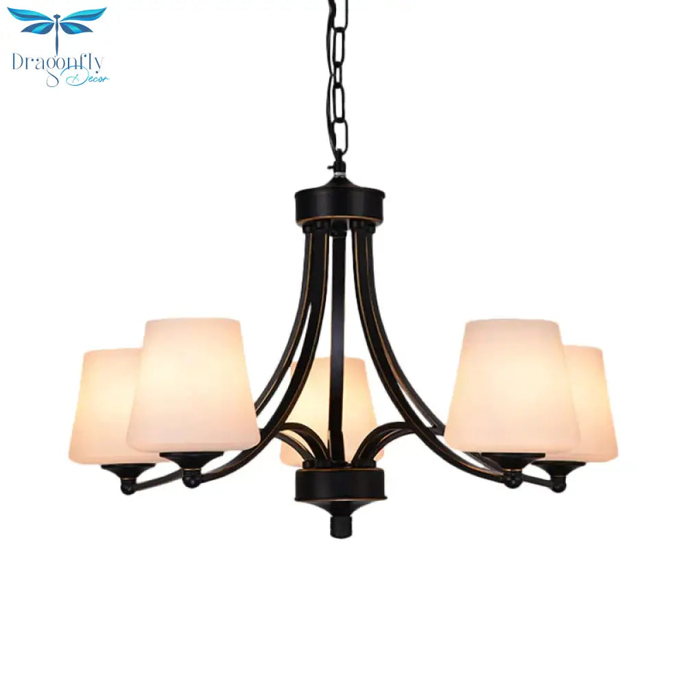 Traditional Tulip Chandelier Light Fixture 3/5/8 Bulbs Milky Glass Pendant Lighting In Black For