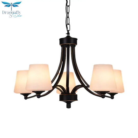 Traditional Tulip Chandelier Light Fixture 3/5/8 Bulbs Milky Glass Pendant Lighting In Black For
