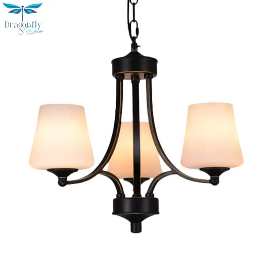 Traditional Tulip Chandelier Light Fixture 3/5/8 Bulbs Milky Glass Pendant Lighting In Black For