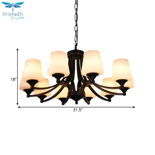 Traditional Tulip Chandelier Light Fixture 3/5/8 Bulbs Milky Glass Pendant Lighting In Black For